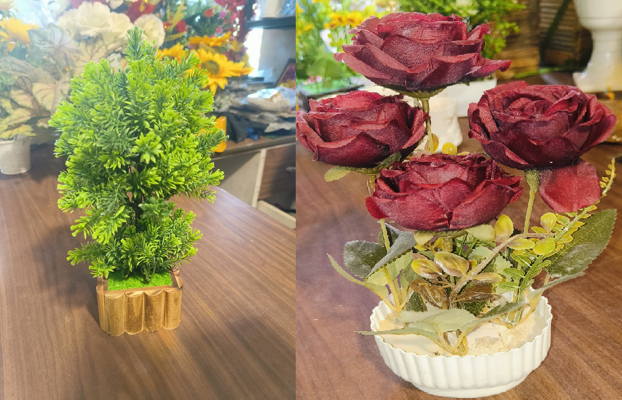 Artificial plant with Wooden Pot  Lucky Charm Rose Artificial Flower